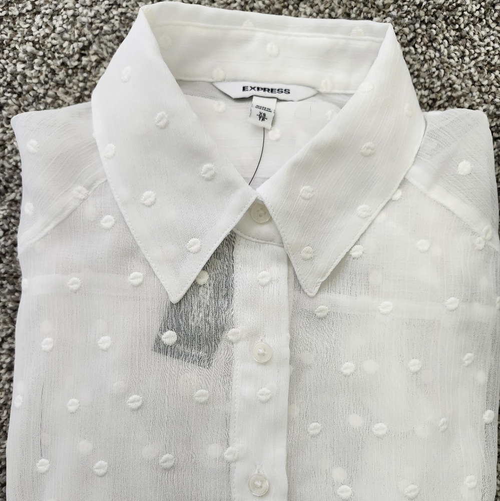 NEW NWT Express Sheer Ruffle Sleeve Polka Dot White